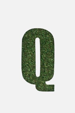 top view of cut out Q letter on green grass background isolated on white