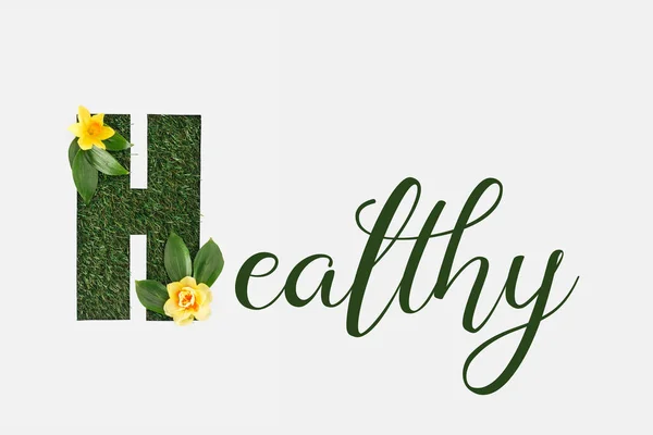 Top View Green Healthy Lettering Leaves Yellow Daffodils Isolated White — Stock Photo, Image