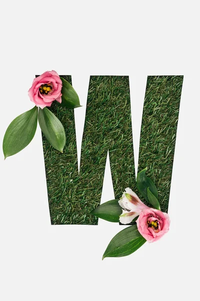 Top View Cut Out Letter Green Grass Background Leaves Pink — Stock Photo, Image