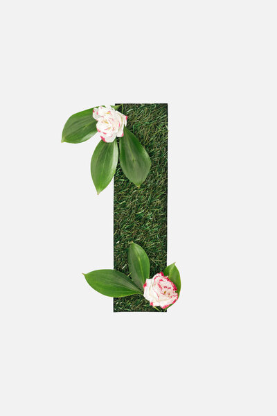 вид сверху вырезанный I буква на зеленом фоне травы с цветами изолированы на белом
