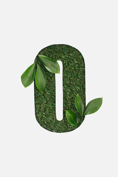 верхний вид вырезанный O письмо на зеленом фоне травы с листьями изолированы на белом
