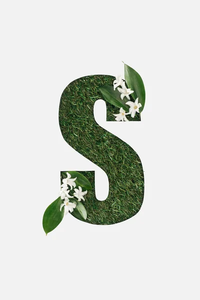 Vista Superior Cortar Letra Fundo Grama Verde Com Folhas Flores — Fotografia de Stock