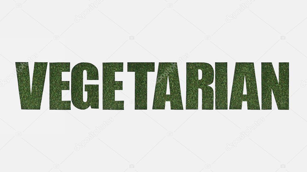 top view of cut out vegetarian lettering on green grass isolated on white