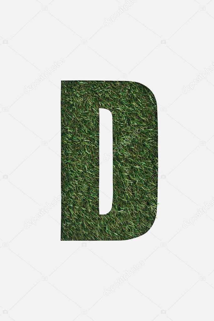 Top view of cut out D letter on green grass background isolated on white