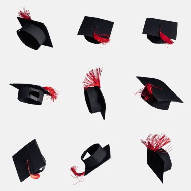 Black academic caps with red tassels isolated on white clipart