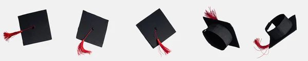 白で隔離赤いタッセル付き学術キャップのパノラマ撮影 — ストック写真