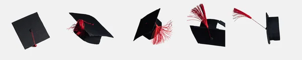 Panoramic Shot Academic Caps Red Tassels Isolated White — Stock Photo, Image