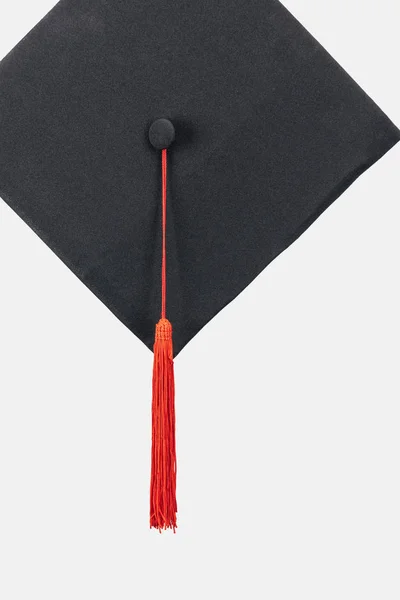 Zwarte Academische Cap Met Lange Kwast Geïsoleerd Wit — Stockfoto