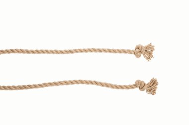 lines of brown jute ropes with knots isolated on white  clipart