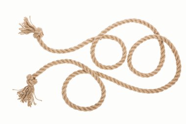 brown jute rope with curls and knots isolated on white  clipart