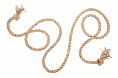 long brown rope with curls and knots isolated on white 