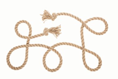 long brown rope with knots and curls isolated on white  clipart