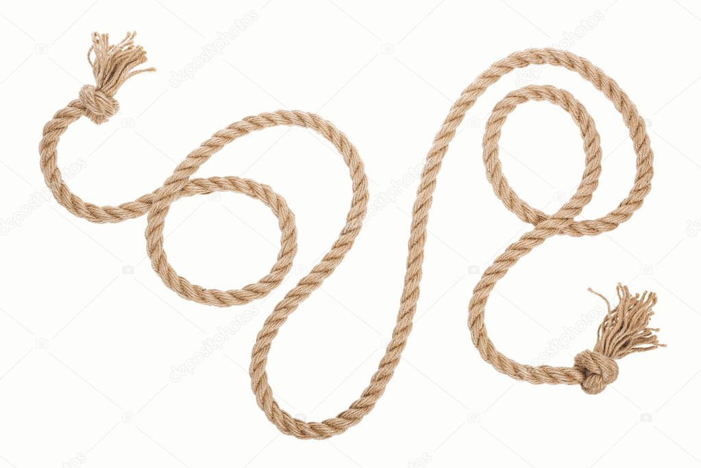 long brown rope with curls and knots isolated on white 