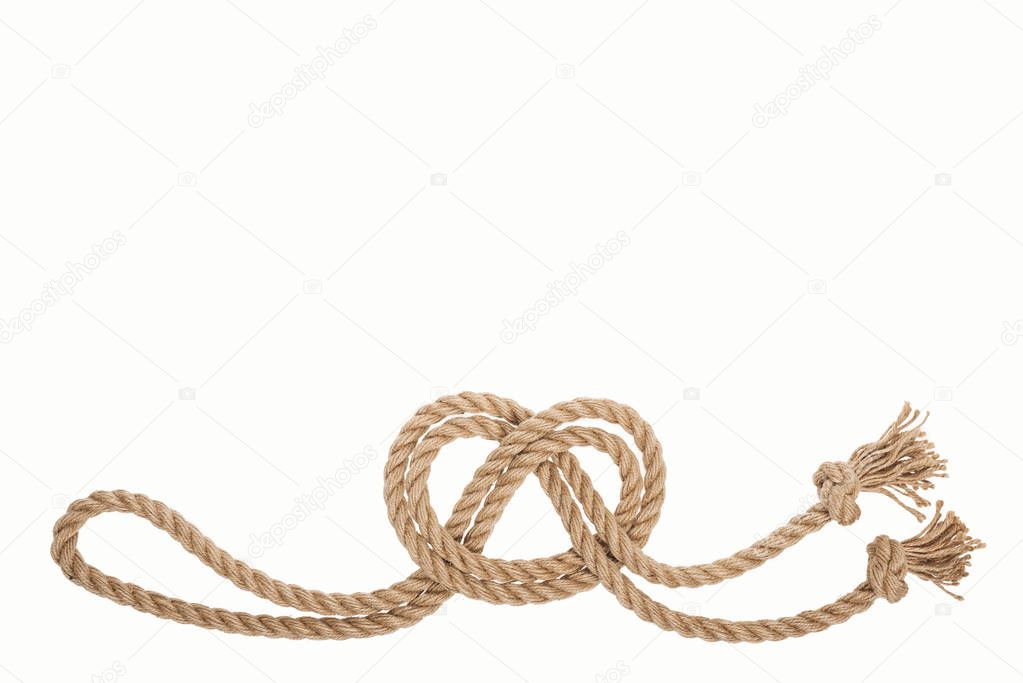 nautical brown and twisted rope with sea knot isolated on white 