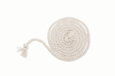 long white twisted rope with knots isolated on white  clipart