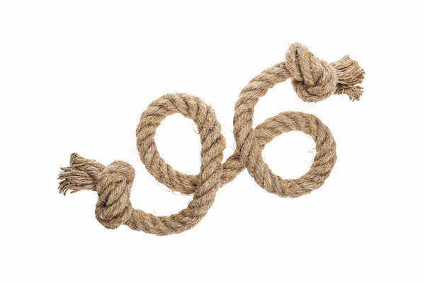 thick jute and brown rope with knots isolated on white 
