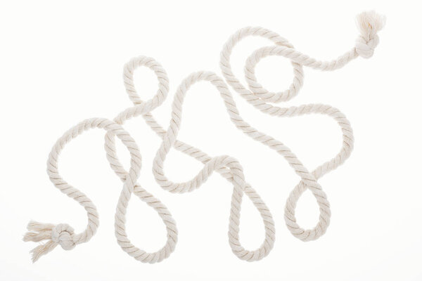 long white rope with curls and knots isolated on white 