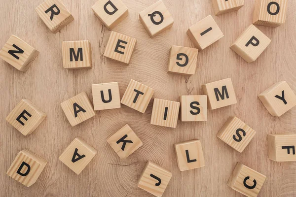 Top View Autism Lettering Made Wooden Cubes Different Letters Table — Stock Photo, Image