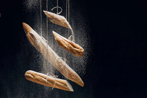 White Flour Loaves Fresh Baked Baguettes Ropes Black Background — Stock Photo, Image