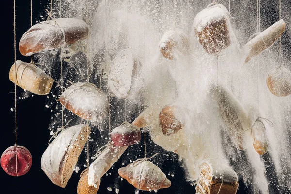 Flour Falling Fresh Bread Pastry Hanging Ropes — Stock Photo, Image