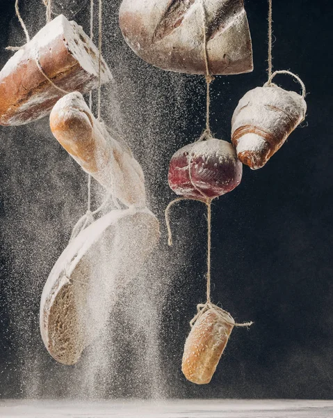 Flour Falling Homemade Bread Hanging Ropes — Stock Photo, Image
