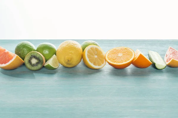 Fresh Juicy Fruits Cucumber Blue Textured Surface — Stock Photo, Image