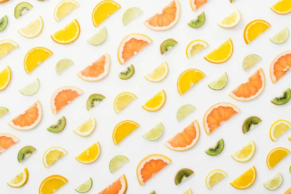 Flat Lay Juicy Cut Fruits White Surface — Stock Photo, Image