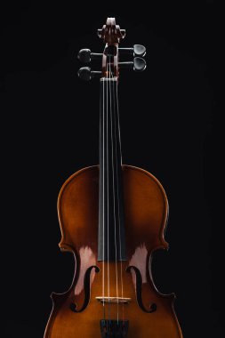 top view of classical wooden violoncello isolated on black clipart