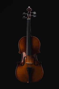 top view of classical wooden cello isolated on black clipart