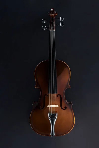 在黑色背景的黑暗中的古典大提琴的顶部看法 — 图库照片