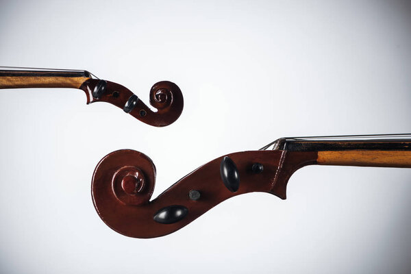 close up of classic violoncello with bow on white background