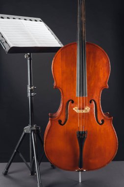 classic wooden double bass near opened music book on stand on black background clipart