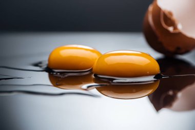 siyah üzerinde izole yumurta kabuğu yakın çiğ tavuk sarısı ve proteinleri yakın