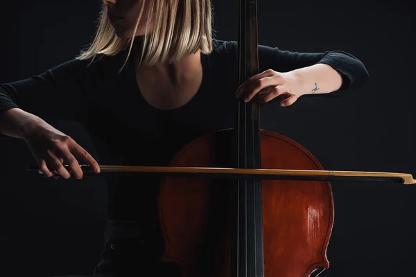 Cropped View Young Woman Playing Double Bass Darkness Isolated Black — Stock Photo, Image