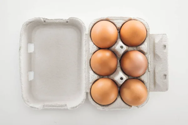 在白色背景的纸箱中的生棕色鸡蛋的顶视图 — 图库照片