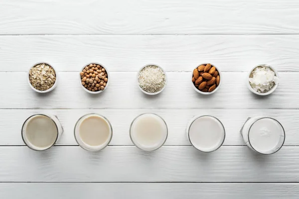 Top View Glasses Coconut Chickpea Oat Rice Almond Milk White — Stock Photo, Image