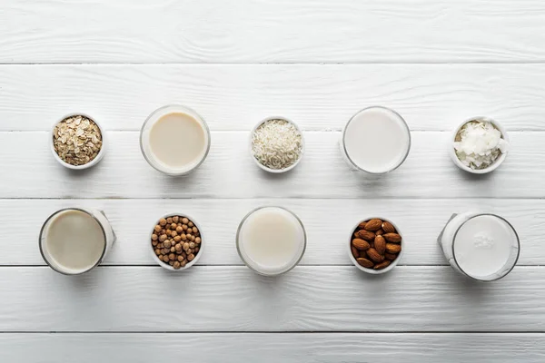 Top View Glasses Coconut Chickpea Oat Rice Almond Milk White — Stock Photo, Image