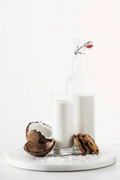 Coconut Vegan Milk Glass Bottle Coconut Chocolate Cookies Isolated White — Stock Photo, Image