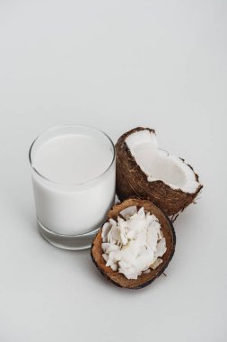 gri arka planda Hindistan cevizi yarısı ve cips yakın cam organik Vegan Hindistan cevizi sütü