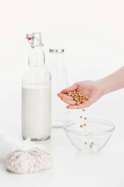 Cropped View Woman Putting Chickpea Bowl While Cooking Chickpea Vegan — Stock Photo, Image