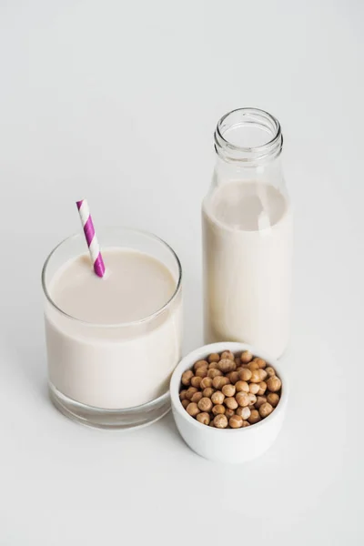 Chickpea Bowl Bottle Glass Vegan Chickpea Milk Grey Background — Stock Photo, Image