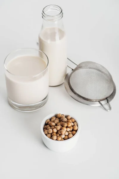 Chickpea Bowl Vegan Chickpea Milk Sieve Grey Background — Stock Photo, Image