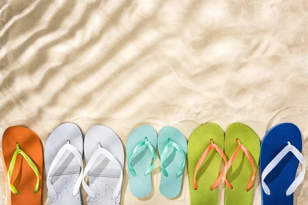 Top View White Turquoise Green Blue Flip Flops Sand Shadows — Stock Photo, Image