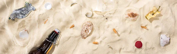 Panoramic Shot Seashells Bottle Caps Scattered Cigarette Butts Apple Core — Stock Photo, Image