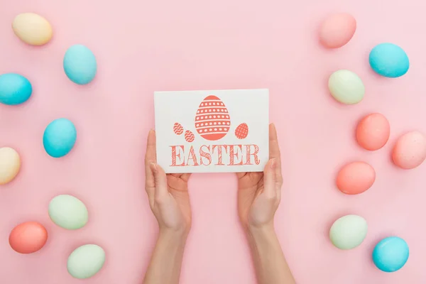 Cropped View Woman Holding Greeting Card Easter Lettering Multicolored Painted — Stock Photo, Image