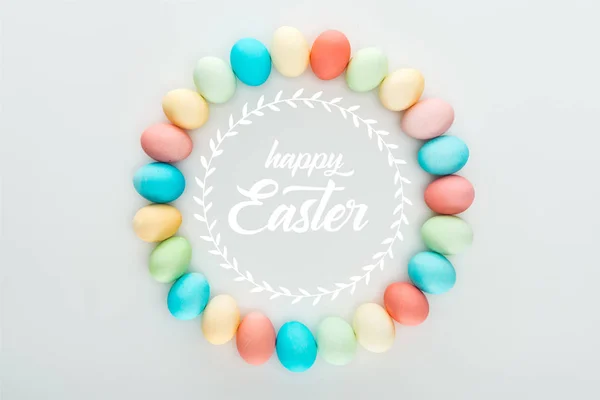 Top View Frame Made Painted Multicolored Eggs Happy Easter White — Stock Photo, Image