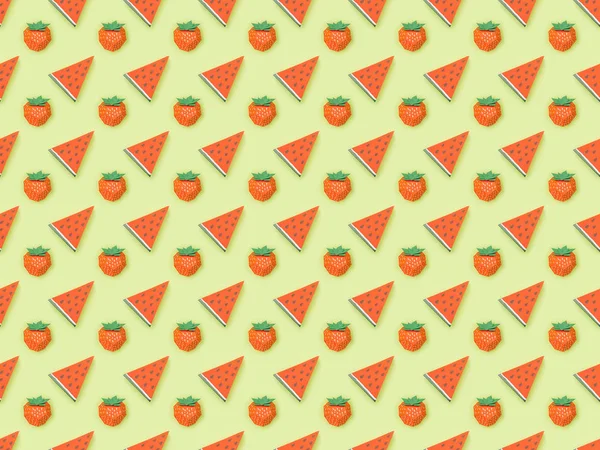 Top View Textured Pattern Handmade Paper Strawberries Watermelon Slices Isolated — Stock Photo, Image