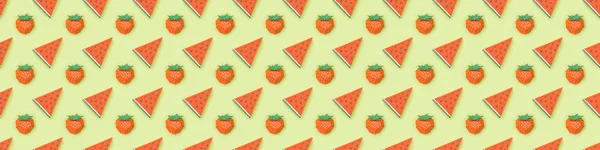 Panoramic Shot Pattern Handmade Paper Strawberries Watermelon Slices Isolated Green — Stock Photo, Image