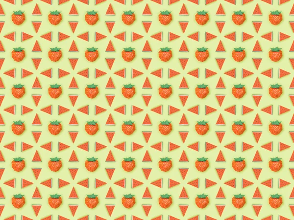 手作りの紙のイチゴとスイカのスライスが緑色に分離されたシームレスなパターンのトップビュー — ストック写真