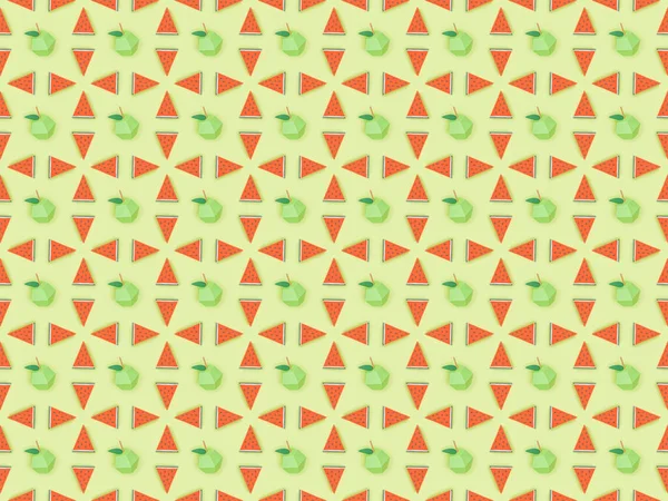 手作りの段ボールリンゴとスイカのスライスが緑色に分離されたシームレスなパターンのトップビュー — ストック写真